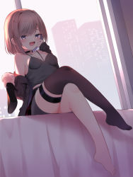 Rule 34 | 1girl, :d, bare shoulders, barefoot, black camisole, black footwear, black jacket, black skirt, black thighhighs, breasts, brown hair, camisole, commentary request, crossed legs, day, fang, full body, grey eyes, high heels, holding, holding shoes, indoors, jacket, looking at viewer, off shoulder, open clothes, open jacket, open mouth, original, shoe soles, shoes, unworn shoes, single thighhigh, sitting, skirt, small breasts, smile, solo, thigh strap, thighhighs, usagimiko, window