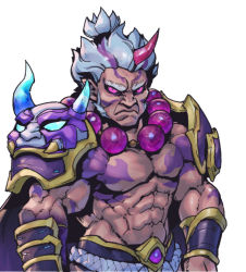 Rule 34 | 1boy, abs, armor, bead necklace, beads, belt, black sclera, closed mouth, colored sclera, copyright request, darius (league of legends), frown, grey hair, horns, jewelry, looking at viewer, muscular, muscular male, necklace, phantom ix row, pink eyes, serious, short hair, shoulder plates, simple background, single horn, solo, spirit blossom darius, tattoo, upper body, white background