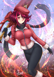Rule 34 | 1girl, asouto, black pants, black scarf, fire, fire, flames, hat, highres, jacket, pants, pyra (xenoblade), red eyes, red hair, red jacket, red sword, scarf, sword, weapon, xenoblade chronicles (series), xenoblade chronicles 2