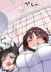 Rule 34 | &gt; &lt;, 2girls, arms up, ball, black hair, blue eyes, blush, breasts, brown hair, clenched teeth, commentary request, from below, gym shirt, kaisen chuui, large breasts, looking up, motion lines, multiple girls, one eye closed, open mouth, original, playing sports, shirt, short hair, short sleeves, sweat, teeth, upper body, v-shaped eyebrows, volleyball, volleyball (object), volleyball net, white shirt