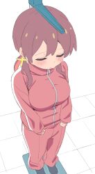 Rule 34 | 1girl, arms at sides, blush, breasts, brown hair, closed eyes, from above, hair between eyes, highres, jacket, large breasts, long hair, long sleeves, low twintails, multicolored hair, murosaki miyo, no shoes, onii-chan wa oshimai!, pants, pout, red hair, red jacket, red pants, simple background, sincos, solo, standing, track jacket, track pants, track suit, twintails, two-tone hair, white background