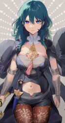 Rule 34 | 1girl, armor, black armor, blue eyes, blue hair, breasts, byleth (female) (fire emblem), byleth (fire emblem), closed mouth, clothing cutout, expressionless, fire emblem, fire emblem: three houses, hair between eyes, haru (nakajou-28), highres, holding, holding sword, holding weapon, large breasts, long hair, looking at viewer, medium hair, navel cutout, nintendo, pantyhose, patterned legwear, solo, sword, sword of the creator, weapon