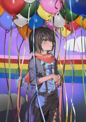 Rule 34 | 1boy, absurdres, balloon, black coat, black hair, black pants, blue necktie, blue shirt, coat, collared shirt, cowboy shot, drop earrings, earrings, hands up, highres, hip vent, indoors, jewelry, kome non, looking up, male focus, mashiro meme, mashiro meme (1st costume), necktie, nijisanji, open clothes, open coat, own hands together, pants, parted lips, rainbow, red nails, red scarf, scarf, shirt, short hair, short necktie, solo, standing, surreal, suspenders, two side up, virtual youtuber, wallpaper (object), yellow eyes