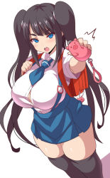 Rule 34 | 1girl, backpack, bag, black hair, black thighhighs, blue eyes, blue skirt, breasts, breasts squeezed together, bursting breasts, character request, cleavage, crime prevention buzzer, curvy, huge breasts, konno tohiro, large breasts, long hair, looking at viewer, open clothes, open mouth, original, randoseru, red bag, revealing clothes, school uniform, shiny skin, skirt, solo, standing, suspender skirt, suspenders, thick thighs, thighhighs, thighs, twintails, zettai ryouiki