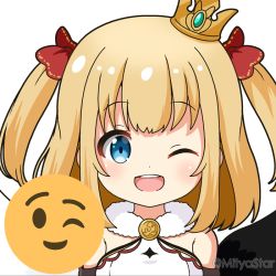 Rule 34 | 1girl, ;d, asymmetrical wings, bare shoulders, black wings, blonde hair, blush, bow, commentary request, crown, dress, emoji, fur collar, hair bow, looking at viewer, marl (shironeko project), mini crown, mismatched wings, mitya, one eye closed, open mouth, red bow, shironeko project, simple background, sleeveless, sleeveless dress, smile, solo, tilted headwear, twitter username, two side up, upper body, white background, white dress, white wings, wings