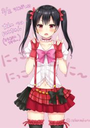 Rule 34 | 10s, 1girl, aged up, bad id, bad twitter id, black bow, black hair, black skirt, blouse, blush, bokura wa ima no naka de, bow, bowtie, center frills, choker, collarbone, commentary request, double m/, earrings, fingerless gloves, frilled choker, frilled shirt, frilled thighhighs, frills, frown, gloves, hair bow, hands up, jewelry, looking at viewer, love live!, love live! school idol project, m/, midriff, multicolored clothes, multicolored skirt, navel, nico nico nii, open mouth, pink background, pink bow, pink bowtie, red bow, red choker, red gloves, red skirt, sakurai makoto (custom size), shirt, short sleeves, skirt, solo, standing, suspenders, sweat, thighhighs, translation request, twintails, twintails day, twitter username, white shirt, yazawa nico