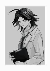 Rule 34 | 1boy, a12740807, black hair, closed mouth, collared shirt, danganronpa, danganronpa/zero, danganronpa (series), grey background, greyscale, highres, holding, lab coat, long sleeves, looking at viewer, male focus, matsuda yasuke, monochrome, necktie, parted bangs, shirt, solo, upper body, white background