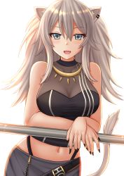 Rule 34 | 1girl, :d, animal ears, bare arms, bare shoulders, black nails, black shirt, blush, breasts, cleavage, commentary, crop top, fangs, grey eyes, hair between eyes, highres, hololive, jewelry, kazenokaze, large breasts, lion ears, lion tail, long hair, looking at viewer, midriff, nail polish, navel, necklace, open mouth, see-through, see-through cleavage, shirt, shishiro botan, shishiro botan (1st costume), silver hair, simple background, sleeveless, sleeveless shirt, smile, solo, tail, upper body, virtual youtuber, white background