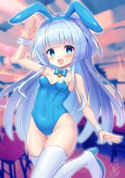 Rule 34 | 1girl, animal ears, blue bow, blue bowtie, blue eyes, blue leotard, bow, bowtie, breasts, detached collar, fake animal ears, flower knight girl, hatsuyukisou (flower knight girl), highres, leotard, long hair, minkusu, open mouth, playboy bunny, rabbit ears, rabbit tail, round teeth, small breasts, smile, solo, strapless, strapless leotard, tail, teeth, thighhighs, upper teeth only, white hair, white thighhighs, wrist cuffs