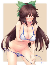 Rule 34 | 1girl, ao banana, bikini, bikini pull, blush, bottomless, breasts, brown eyes, brown hair, censored, cleft of venus, clothes pull, convenient censoring, covered erect nipples, female focus, highres, jpeg artifacts, kaenbyou rin, kaenbyou rin (cat), large breasts, long hair, looking at viewer, necktie, no wings, red eyes, reiuji utsuho, side-tie bikini bottom, smile, striped necktie, striped neckwear, swimsuit, touhou, untied, very long hair