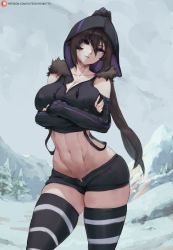 Rule 34 | 1girl, artist name, grabbing another&#039;s breast, brown hair, cutesexyrobutts, grabbing, highres, hood, hoodie, looking at viewer, original, overalls, patreon logo, pine tree, ponytail, purple eyes, shorts, snow, socks over thighhighs, solo, tree