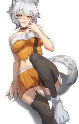 Rule 34 | 1girl, ajidot, alternate costume, animal ear fluff, animal ears, animal feet, arknights, bangs, bare shoulders, black choker, black thighhighs, blush, breasts, choker, cleavage, cliffheart (arknights), commentary request, fang, garter straps, grey eyes, grey hair, hair between eyes, hand up, highres, large breasts, leopard ears, leopard girl, leopard tail, looking at viewer, midriff, navel, open mouth, shadow, shirt, short hair, sidelocks, simple background, sitting, skin fang, skindentation, skirt, smile, solo, strapless, strapless shirt, tail, thighhighs, white background, yellow shirt, yellow skirt