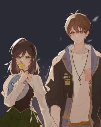 Rule 34 | 1boy, 1girl, :d, black background, black jacket, brown eyes, brown hair, candy, casual, closed mouth, food, genshin impact, green eyes, highres, holding, holding food, homu (honkai impact), jacket, jewelry, key, lollipop, long hair, luke pearce (tears of themis), necklace, open clothes, open jacket, open mouth, rosa (tears of themis), shirt, short hair, simple background, slime (genshin impact), smile, stuffed toy, tartarduck, tears of themis, twitter username, white shirt
