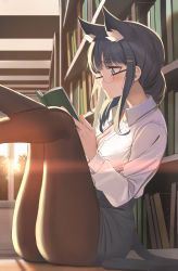 Rule 34 | 1girl, animal ears, black hair, black skirt, blue eyes, blush, book, bookshelf, breasts, brown pantyhose, cat ears, cat girl, cat tail, cleavage, closed mouth, collared shirt, commentary, commission, day, dress shirt, feet out of frame, glasses, hair ornament, hairclip, highres, holding, holding book, indoors, legs up, lens flare, long hair, long sleeves, medium breasts, miniskirt, open book, original, pantyhose, reading, rimless eyewear, shirt, sidelocks, sitting, skirt, solo, sunlight, tail, thighs, twin (tt lsh), white shirt