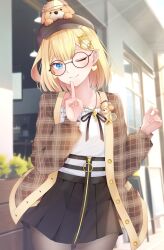 Rule 34 | 1girl, blonde hair, blue eyes, bubba (watson amelia), glasses, highres, hololive, hololive english, iyotsuki11, jacket, looking at viewer, medium hair, one eye closed, open clothes, open jacket, smile, solo, virtual youtuber, watson amelia