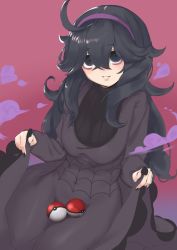 Rule 34 | 1girl, @ @, ahoge, bags under eyes, black dress, black hair, black nails, clothes lift, commentary request, creatures (company), dress, dress lift, game freak, hair between eyes, hairband, hex maniac (pokemon), highres, lifting own clothes, long dress, long hair, looking at viewer, messy hair, nail polish, nintendo, parted lips, poke ball, poke ball (basic), pokemon, pokemon xy, purple hairband, red background, smile, solo, unchi deru man, very long hair