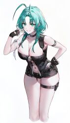 Rule 34 | 1girl, absurdres, antenna hair, black choker, black gloves, black shorts, blush, breasts, choker, cleavage, clenched teeth, clock, fingerless gloves, gloves, green eyes, green hair, hand on own hip, highres, large breasts, mantis (path to nowhere), medium hair, muaooooo, navel, path to nowhere, shorts, simple background, smile, solo, standing, teeth, thigh strap, thighs, white background