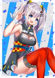 Rule 34 | 1girl, :d, bare arms, bare shoulders, black skirt, blue eyes, blush, breasts, cleavage, cleavage cutout, clothing cutout, eyes visible through hair, fangs, highres, kaguya luna, katou shinobu, looking at viewer, medium breasts, miniskirt, open mouth, red legwear, silver hair, skirt, smile, solo, the moon studio, twintails, virtual youtuber