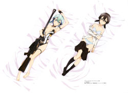 Rule 34 | 10s, 2girls, absurdres, arm up, armpits, asada shino, bare shoulders, barefoot, black hair, blue hair, bra, breasts, cleavage, collar, collarbone, covering privates, covering breasts, dakimakura (medium), dual persona, feet, feet together, full body, gun, highres, multiple girls, multiple views, no bra, no shoes, official art, panties, rifle, school uniform, short hair, sinon, socks, sword art online, toes, topless, underwear, undressing, weapon