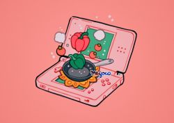 Rule 34 | artist name, bad id, bad instagram id, cooking, fire, frying pan, handheld game console, meyoco, nintendo ds, no humans, original, pink background, pumpkin, simple background, sparkle, tomato