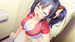 Rule 34 | 1girl, bathroom, blue hair, blue panties, blue pants, blush, breasts, chuablesoft, closed eyes, clothes pull, collarbone, courreges ace, denim, embarrassed, goshogawara yuuki, jacket, jeans, k-ko, large breasts, long hair, open mouth, panties, pants, pants pull, panty pull, peeing, pussy, red jacket, scrunchie, shirt, short sleeves, side ponytail, sitting, striped clothes, striped shirt, tears, toilet, toilet paper, toilet use, uncensored, underwear, white shirt