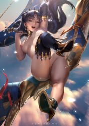 Rule 34 | 1girl, absurdres, anklet, armlet, artist name, asymmetrical legwear, asymmetrical sleeves, bad leg, black hair, blue sky, blush, breasts, cleft of venus, cloud, crown, detached collar, earrings, elbow gloves, fate/grand order, fate (series), full body, functionally nude, gloves, gold trim, hair ribbon, heavenly boat maanna, high heels, highres, holding, holding weapon, hoop earrings, ishtar (fate), jewelry, jumping, long hair, long legs, looking at viewer, medium breasts, navel, nipples, open mouth, outdoors, parted bangs, pussy, red eyes, ribbon, single elbow glove, single thighhigh, sky, smile, solo, thighhighs, two side up, uneven legwear, uneven sleeves, weapon, zumi (zumidraws)