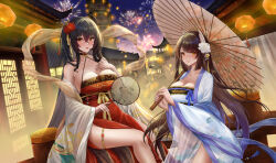 Rule 34 | 2girls, aerial fireworks, alternate costume, architecture, azur lane, breasts, chinese clothes, chinese commentary, chinese new year, cleavage, east asian architecture, fireworks, hair ornament, hanfu, hiei (azur lane), highres, holding, holding umbrella, lantern, large breasts, long hair, looking at viewer, multiple girls, night, oil-paper umbrella, side slit, taihou (azur lane), umbrella, wr (929481795)
