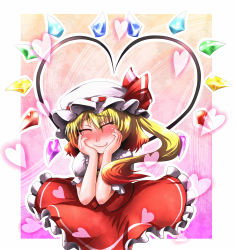 Rule 34 | 1girl, blonde hair, blush, closed eyes, female focus, flandre scarlet, hands on own face, happy, hat, heart, heart wings, ponytail, short hair, side ponytail, solo, tora (pixiv), tora (trampjing), touhou, wavy mouth, wings