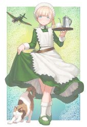 Rule 34 | 1girl, aircraft, airplane, alternate costume, animal, apron, blonde hair, blue eyes, cat, clothes lift, cup, dress, dress lift, enmaided, green dress, green footwear, hayashi naoharu, highres, holding, holding tray, kantai collection, lifting own clothes, long sleeves, maid, maid apron, maid headdress, medium hair, shin&#039;you (kancolle), shoes, socks, solo, tray, white apron, white socks