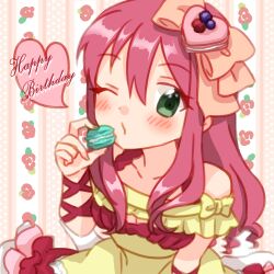 Rule 34 | 1girl, blush, closed mouth, dress, ehon chioka, ensemble girls!, food, green eyes, happy birthday, heart, holding, holding food, looking at viewer, macaron, multicolored clothes, multicolored dress, off-shoulder dress, off shoulder, one eye closed, pink background, pink dress, pink hair, solo, yakumo chizuru, yellow dress