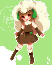 Rule 34 | 1girl, animal ears, bare shoulders, blush, brown hair, child, creatures (company), detached sleeves, game freak, gen 5 pokemon, highres, looking at viewer, multicolored hair, nintendo, open mouth, personification, pokedex number, pokemon, red eyes, short hair, skirt, smile, solo, two-tone hair, whimsicott, zinpati
