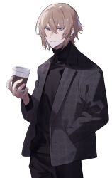 Rule 34 | 1boy, absurdres, black coat, black pants, black sweater, blonde hair, blue eyes, closed mouth, coat, cup, dainsleif (genshin impact), disposable cup, genshin impact, hand in pocket, highres, holding, holding cup, looking at viewer, male focus, medium hair, pants, shuukenyuu, simple background, solo, sweater, turtleneck, turtleneck sweater, upper body, white background