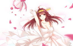 Rule 34 | 10s, 1girl, absurdres, ahoge, bare shoulders, blush, bouquet, bouquet toss, breasts, brown eyes, brown hair, cleavage, double bun, dress, elbow gloves, flower, fm, gloves, hairband, highres, kantai collection, kongou (kancolle), large breasts, long hair, looking at viewer, matching hair/eyes, petals, rose, rose petals, smile, solo, strapless, strapless dress, wedding dress, white dress, white gloves