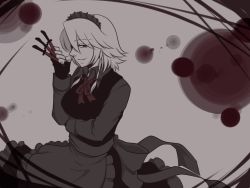 Rule 34 | 1girl, commentary request, fingerless gloves, gloves, greyscale, izayoi sakuya, knife, long hair, looking at viewer, maid, maid headdress, monochrome, neko majin, red eyes, short hair, solo, touhou, upper body