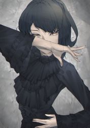 Rule 34 | 1girl, bad id, bad pixiv id, black hair, black theme, center frills, closed mouth, frills, gothic lolita, lolita fashion, long sleeves, looking at viewer, original, short hair, sleeves past wrists, solo, upper body, wide sleeves, yellow eyes, yellow pupils, ymok