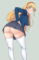 Rule 34 | 1girl, ass, ass focus, blonde hair, blue cardigan, blue jacket, blunt bangs, bow, breasts, cardigan, dress, from behind, fuooooo, green eyes, grey dress, hairband, heanna sumire, highres, jacket, long hair, looking at viewer, looking back, love live!, love live! superstar!!, medium breasts, no panties, pinafore dress, school uniform, shiny skin, simple background, sleeveless dress, solo, standing, thighhighs, thighs, white thighhighs, wide hips, yuigaoka school uniform