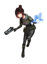 Rule 34 | 1girl, absurdres, apex legends, artpatient, b3 wingman, belt, black scarf, bodysuit, breasts, brown hair, commentary, cosplay, english commentary, gradient hair, gun, hair bun, highres, holding, holding gun, holding weapon, hololive, medium breasts, multicolored hair, roboco-san, scarf, simple background, single hair bun, solo, transparent background, utility belt, virtual youtuber, weapon, white background, wraith (apex legends), wraith (apex legends) (cosplay), yellow eyes