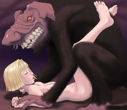 Rule 34 | 1990s (style), 1boy, 1girl, arm grab, barefoot, berserk, blonde hair, blunt bangs, blush, breasts, closed eyes, farnese (berserk), feet, full body, furry, furry male, furry with non-furry, hetero, impregnation, interspecies, jukan a no 3, legs, legs up, long legs, lying, missionary, moaning, monster, nude, on back, on ground, open mouth, rape, retro artstyle, sex, short hair, solo focus, toes, troll, vaginal, yoshino momiji