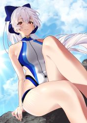 Rule 34 | 1girl, blue bow, blue one-piece swimsuit, bow, breasts, competition swimsuit, fate/grand order, fate (series), hair between eyes, hair bow, highleg, highleg swimsuit, highres, large breasts, long hair, looking at viewer, one-piece swimsuit, ponytail, red eyes, silver hair, sino42, solo, swimsuit, thighs, tomoe gozen (fate), tomoe gozen (swimsuit saber) (fate), tomoe gozen (swimsuit saber) (first ascension) (fate), two-tone swimsuit, white one-piece swimsuit