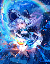 Rule 34 | 1girl, blue bow, blue bowtie, blue eyes, blue flower, blue footwear, blue hat, blue jacket, blue skirt, blue theme, blush, bow, bowtie, bracelet, breasts, city lights, collared shirt, floating, floating hair, flower, frilled headwear, full body, full moon, glowing, hair flower, hair ornament, hat, high heels, highres, holding, holding wand, jacket, jewelry, komorihikki, legs together, long hair, long sleeves, looking at viewer, miniskirt, moon, notebook, open clothes, open jacket, original, painting (object), parted lips, pleated skirt, rainbow, raised eyebrows, shirt, sidelocks, skirt, small breasts, smile, solo, star (symbol), swept bangs, thighs, wand, white hair, white shirt, witch hat