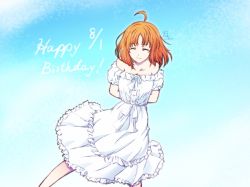 Rule 34 | 1girl, a chika-tastic summer (love live!), alternate hairstyle, antenna hair, aqua bow, arms behind back, artist name, artist request, bare legs, bare shoulders, blue sky, blush, bow, bracelet, braid, breasts, cleavage, closed eyes, cloud, collarbone, day, dress, female focus, floating hair, flower, frill trim, frilled dress, frilled skirt, frilled sleeves, frills, hair bow, hair flower, hair ornament, highres, jewelry, looking at viewer, love live!, love live! school idol festival, love live! school idol festival all stars, love live! sunshine!!, miniskirt, orange hair, outdoors, parted lips, plaid, plaid dress, plaid skirt, pleated, pleated dress, pleated skirt, ranshin00, short hair, short twintails, skirt, sky, sleeveless, sleeveless dress, small breasts, smile, solo, sundress, takami chika, twintails, white bow, white dress, white flower, white skirt