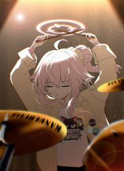 Rule 34 | 1girl, absurdres, ahoge, arms up, blue archive, closed eyes, cymbals, drumsticks, floating hair, hair bun, hair ornament, hair scrunchie, halo, highres, holding, holding drumsticks, instrument, jacket, kiroshi, lens flare, long hair, music, natsu (band) (blue archive), natsu (blue archive), official alternate costume, pink hair, pink halo, playing instrument, scrunchie, shirt, solo, spotlight, sweat, upper body, white shirt, yellow jacket
