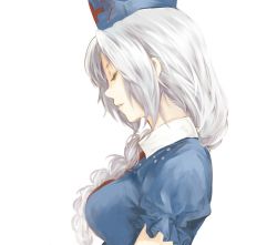 Rule 34 | 1girl, braid, closed eyes, dress, hair over shoulder, hat, lips, long hair, nurse cap, parted lips, portrait, profile, puffy sleeves, short sleeves, silver hair, simple background, single braid, solo, tohya, touhou, touya (tottoo-to), white background, yagokoro eirin