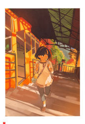 Rule 34 | 1girl, autumn leaves, backpack, bag, black eyes, blouse, border, brown eyes, brown footwear, brown hair, capri pants, funicular, hairband, highres, holding strap, loafers, long sleeves, looking away, looking to the side, matching hair/eyes, original, overhead line, page number, pants, parted lips, railing, scan, shade, shirt, shoes, short hair, smile, socks, solo, source request, stairs, sunlight, sunset, takamichi, tan, thermos, train station, walking, white border, white socks