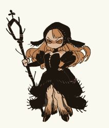 Rule 34 | 1girl, angry, animal ears, asymmetrical bangs, bangs, bare shoulders, black dress, black headwear, blonde hair, centaur, chibi, chinese commentary, cross-laced clothes, detached collar, detached sleeves, dress, dungeon meshi, ear covers, fewer digits, full body, goat ears, goat girl, hand on hip, highres, holding, holding staff, hood, hood up, hooves, horizontal pupils, light brown hair, long hair, marcille, monster girl, monsterification, no mouth, simple background, solo, spoilers, staff, standing, taur, yellow eyes, yumiansir