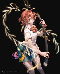 Rule 34 | 1girl, black background, blue skirt, brown hair, closed mouth, english text, glasses, hero cantare, highres, holding, holding sword, holding weapon, looking at viewer, medium hair, official art, sheath, sheathed, shirt, short sleeves, skirt, smile, sword, the god of high school, weapon, white shirt, yagaaaa, yu mira