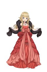 Rule 34 | 1girl, blonde hair, blue eyes, bow, dress, feather boa, frilled dress, frills, full body, gloves, highres, jewelry, long hair, looking at viewer, necklace, pink bow, princess (princess principal), princess principal, princess principal game of mission, red dress, solo, standing, transparent background, white gloves