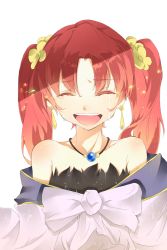 Rule 34 | 10s, 1girl, bad id, bad pixiv id, bare shoulders, blush, dissolving, earrings, female focus, flower, fractale, hair flower, hair ornament, highres, jewelry, kame^^, long hair, necklace, nessa (fractale), open mouth, red hair, simple background, smile, solo, tears, twintails, white background