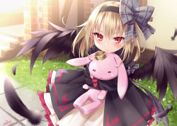Rule 34 | 1girl, :t, black dress, black feathers, black hairband, black wings, blonde hair, blush, bow, closed mouth, commentary request, copyright request, crown, day, dress, feathered wings, feathers, grey bow, hair between eyes, hair bow, hairband, highres, inou shin, juliet sleeves, long hair, long sleeves, looking at viewer, mini crown, hugging object, outdoors, pleated dress, pointy ears, pouch, puffy sleeves, red eyes, signature, sleeves past wrists, solo, stairs, stone stairs, stuffed animal, stuffed rabbit, stuffed toy, sunlight, v-shaped eyebrows, wings
