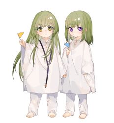 Rule 34 | 2boys, androgynous, arm at side, barefoot, blush, enkidu (fate), fate/grand order, fate (series), flag, frown, green hair, hand up, highres, holding, holding flag, jewelry, kingu (fate), long hair, long sleeves, look-alike, looking at viewer, male focus, medium hair, multiple boys, pants, pendant, robe, rocco, simple background, sleeves past wrists, smile, very long hair, white background, white pants, white robe, wide sleeves